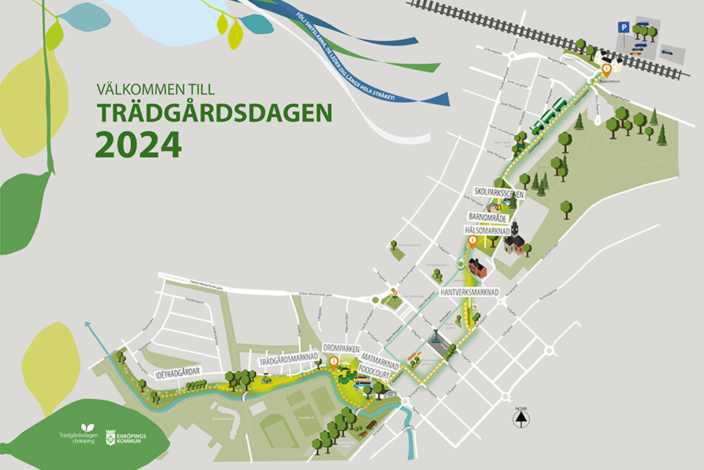 Karta som visar stråket för Trädgårdsdagen i Enköping. 