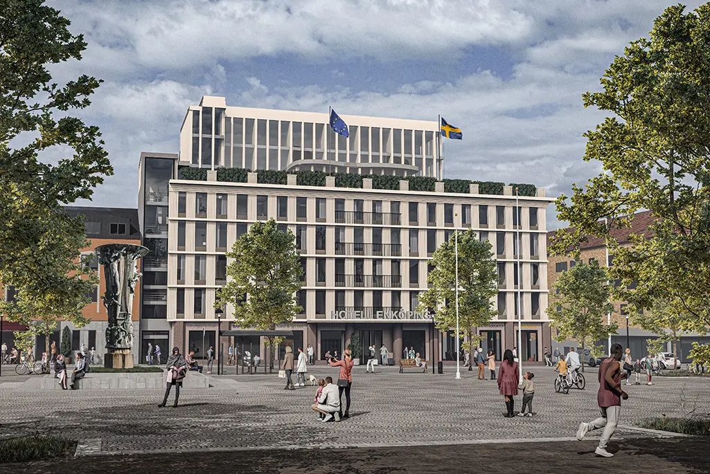 Illustration som visar förslag hur nya hotellet på Stattomten kan se ut.
