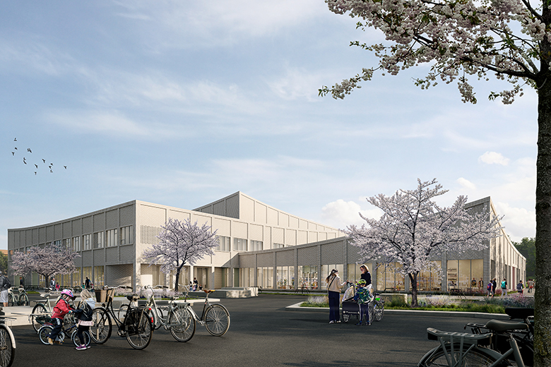 Illustration över hur Lillsidanskolan skulle kunna se ut. Det är en ljusgrå byggnad i två våningar. Framför byggnaden syns körsbärsträd, bänkar och cykelställ.