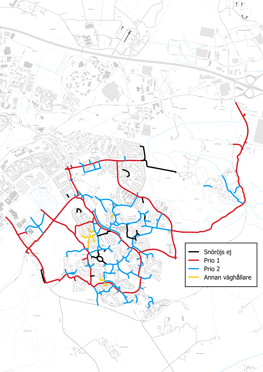 Kartan visar vilka cykelvägar som snöröjs först i östra Enköping.