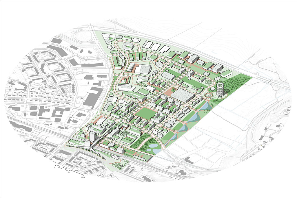 Kartskiss som visar framtidsvisionen för stadsdelen Myran enligt konceptförslaget Rootcity.