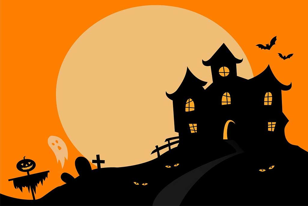 Tecknad illustration av ett hemsökt hus högt upp på en kulle med temat halloween.