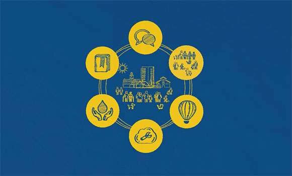 Illustration som sammanfattar kommunfullmäktiges sex uppgifter. Sex stycken igenkänningsmärken cirkulerar i ett hjul.