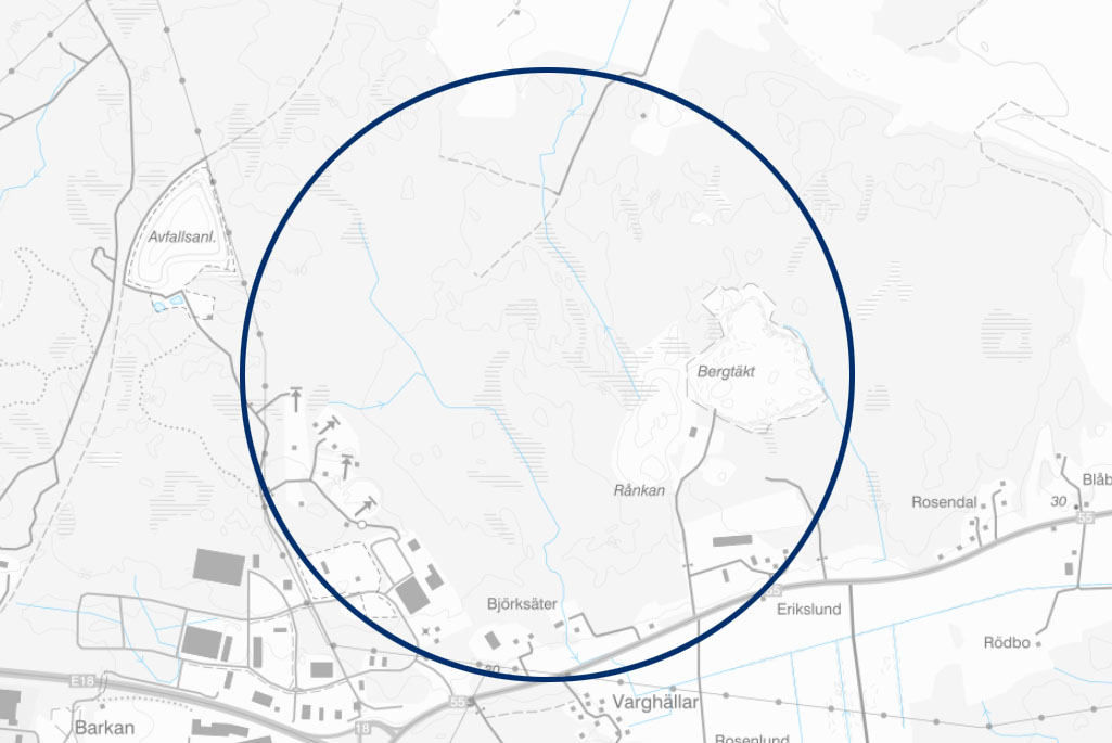 Kartbild över Aros park. En stor cirkel på kartan pekar ut var Aros Park ligger.