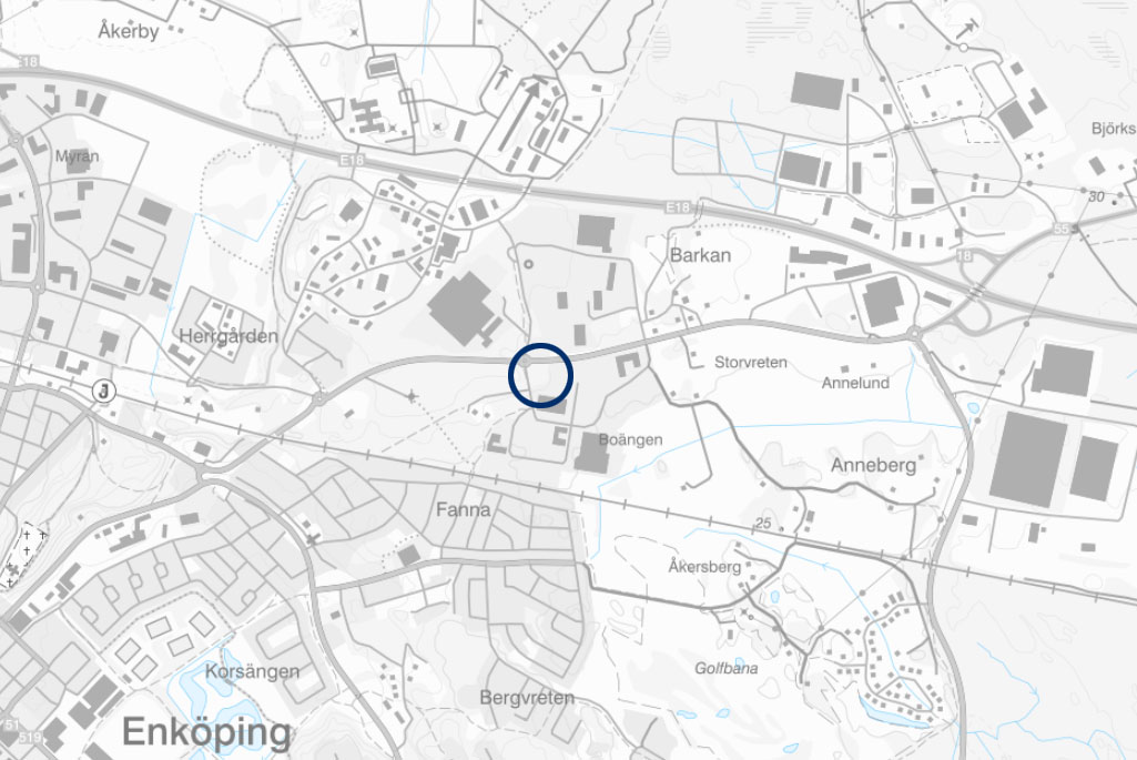 Kartbild över en del av Enköping stad. En blå cirkel pekar ut ett område på kartan.