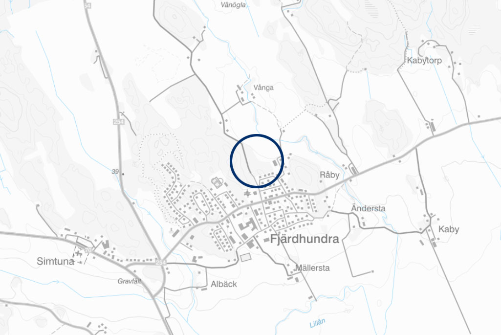 Kartbild över Fjärdhundra. Området Mällersta är inringat med en blå cirkel.