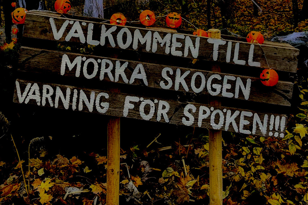 Bild på en träskylt där det står Välkommen till Mörka skogen, varning för spöken.