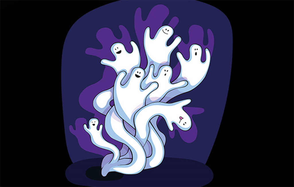 Bild på sju tecknade spöken.