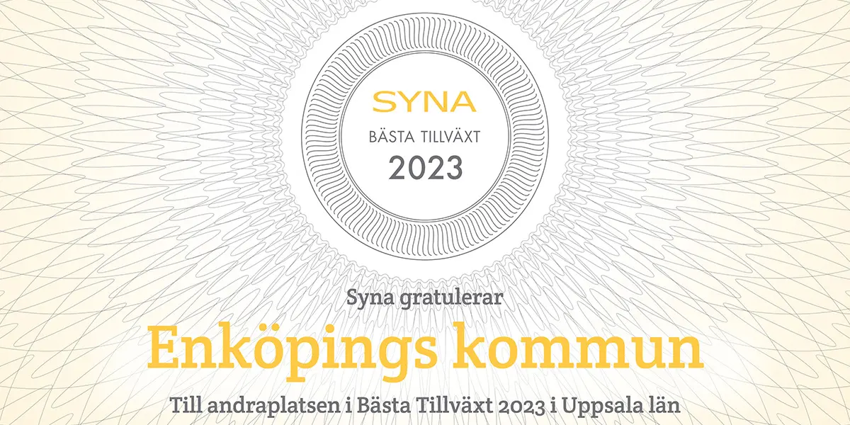 Illustration där Syna gratulerar Enköpings kommun till andraplatsen i Bästa Tillväxt 2023 i Uppsala län.