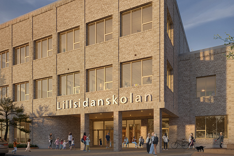 Illustration över hur Lillsidanskolan skulle kunna se ut. Det är en ljusgrå byggnad i två våningar. Framför byggnaden syns barn, bilar och träd.