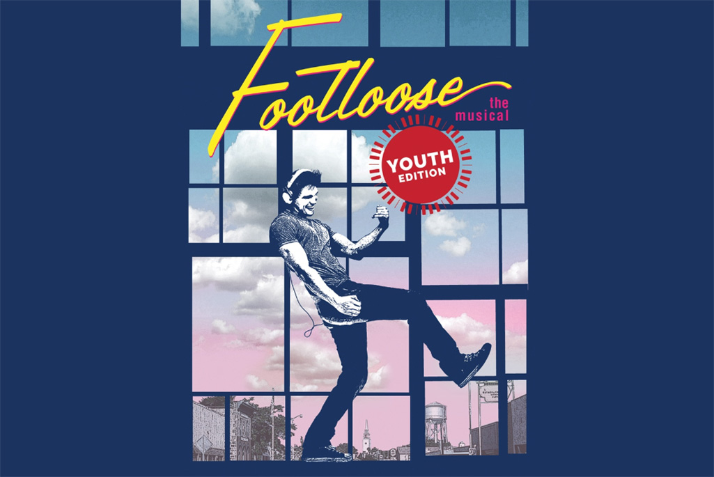 Illustrerad affisch där en person spelar luftgitarr och i text står det Footloose musical youth edition.