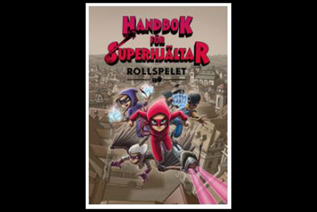 Bild på ett bokomslag där det står Handbok för superhjältar - rollspelet.