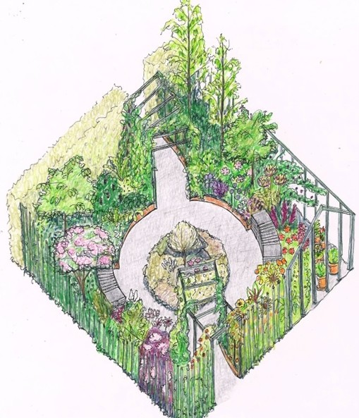 En beiga gångväg genom en trädgård. Illustration.