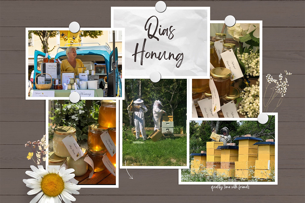 Bildkollage med bilder som visar honungsburkar och biodling och en person som säljer honung.