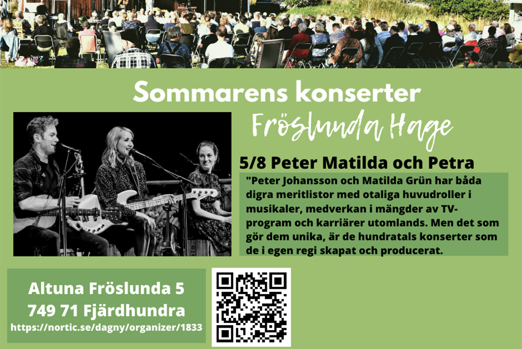 Bild på en affisch som visar artisterna Peter, Mathilda och Petra samt en bild från Fröslunda Hage.