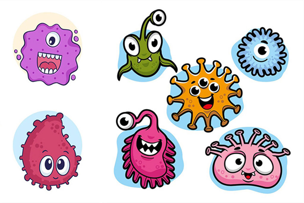 En illustration av olika bakterier och baciller i form av figurer.