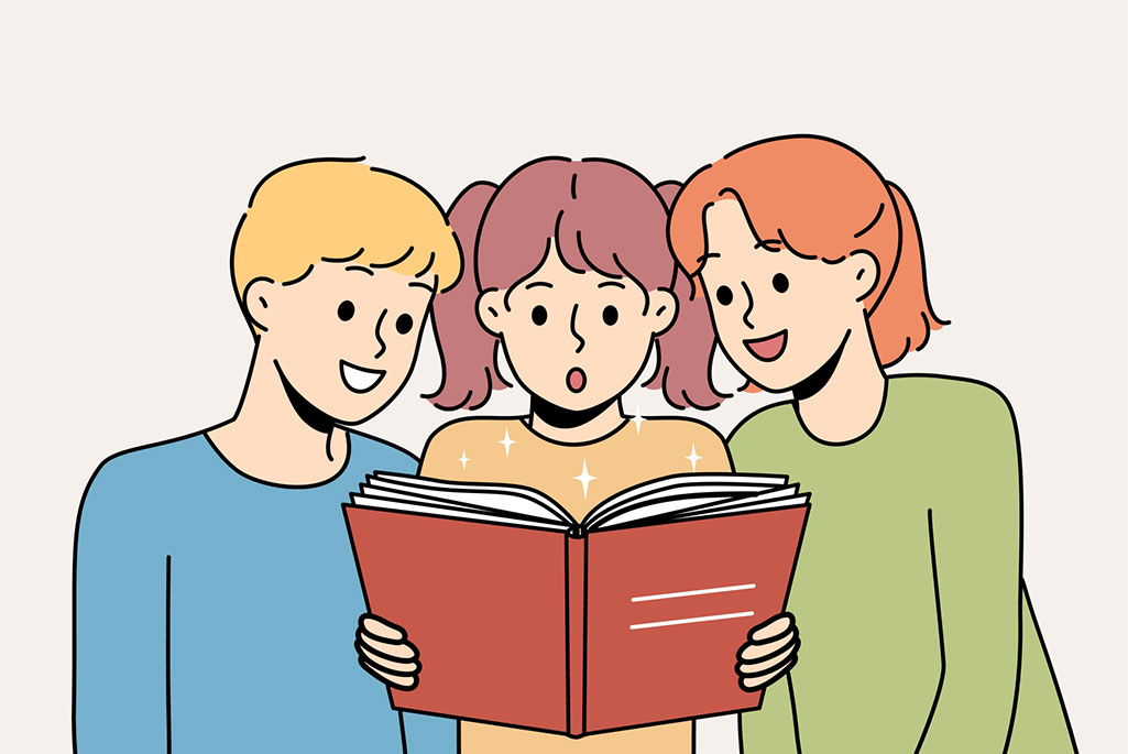 En illustration av tre barn som läser en bok.
