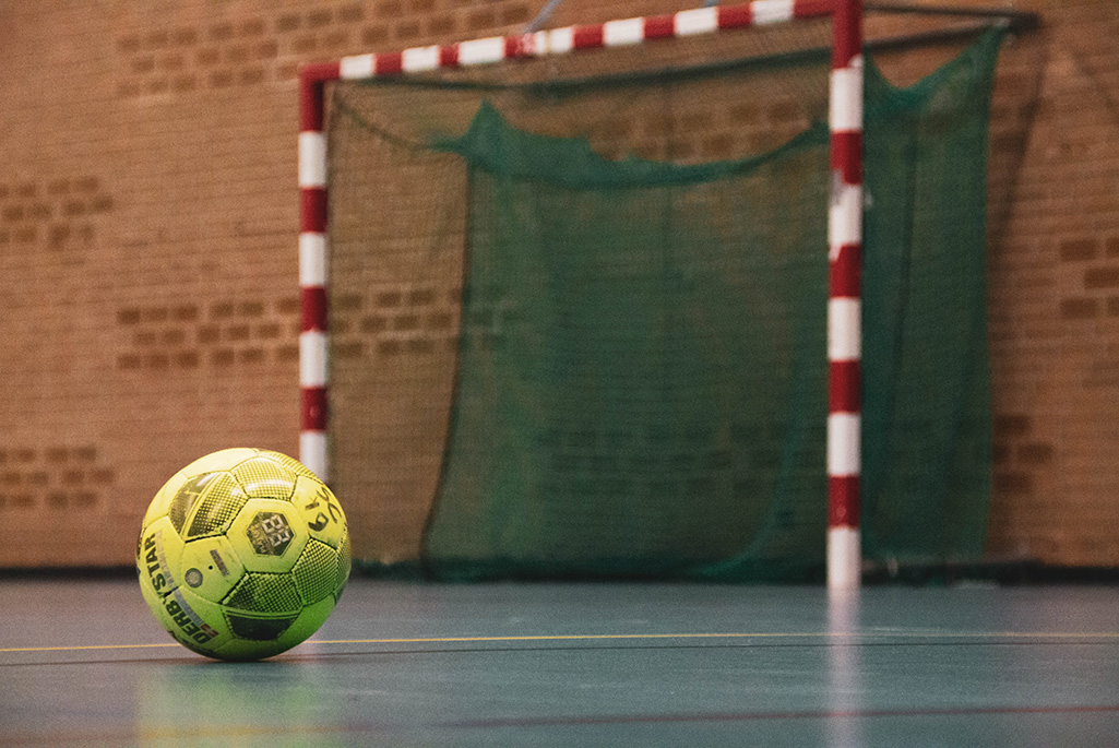 Handboll som ligger framför ett handbollsmål, bild.