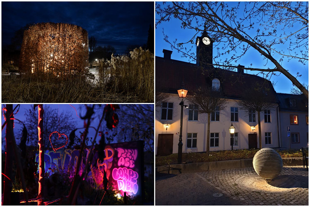 Kollage med tre bilder som visar olika typer av belysning av parkmiljöer i Enköping.
